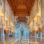 Interior view of the Hassan II Mosque in Casablanca showcasing the intricate architecture and ornate decoration.