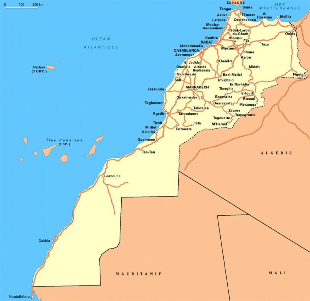 Map of Morocco showing major cities and borders for the Ultimate Travel Guide 