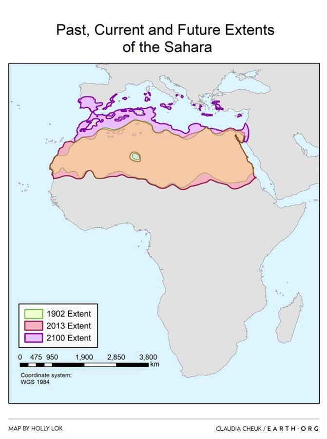 Map illustrating the expansion of the Sahara Desert from 1902 to 2100, highlighting impacts of climate change and natural fluctuations.