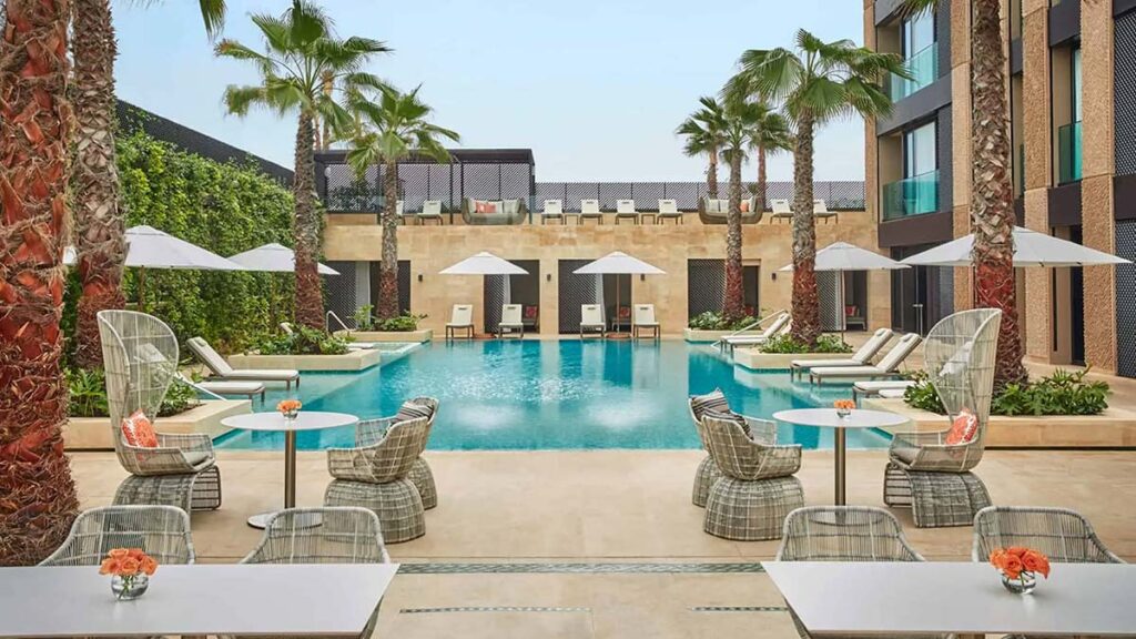 Luxurious poolside area at the Four Seasons Hotel in Casablanca, Morocco