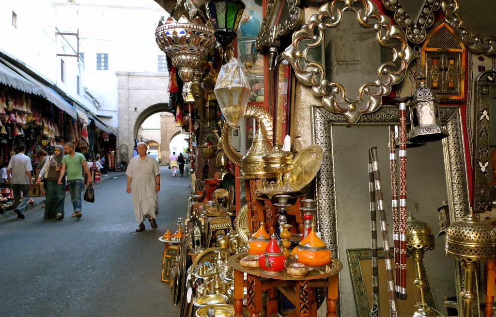 Shoppers exploring a bustling market in the Old Medina of Casablanca, Morocco